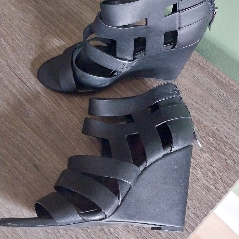 BCBGeneration Black Strappy Wedge Sandals